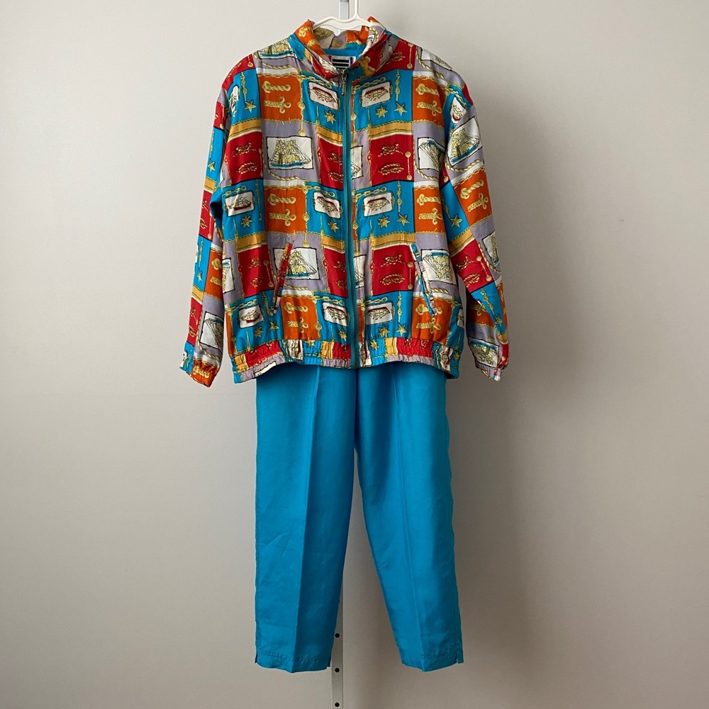 EVR Silk MobWife Quirky Vintage Nautical Chain Print Tracksuit Set M Blue